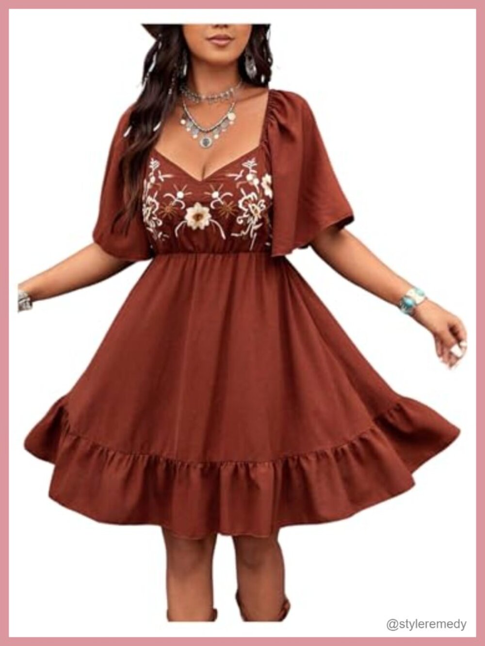 Summer Flounce Sleeve Floral Embroidery A-Line Dress